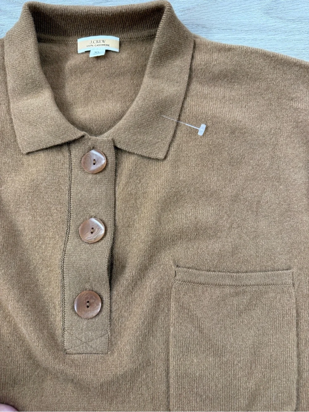 J.Crew Men’s XL 100% Cashmere Polo Sweater Camel Brown Long Sleeve Pocket